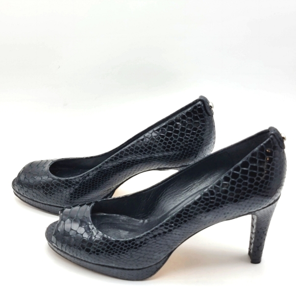 Stuart Weitzman, Blue/Black Snake Skin PeepToe Heels. Size 8M.  #1213 - Picture 5 of 9